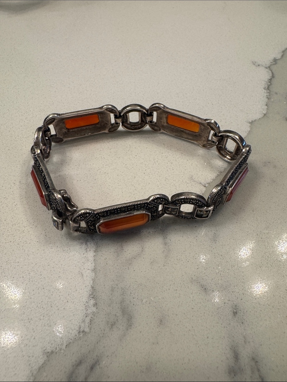 Marcasite and Carnelian Sterling Silver Link Bracelet